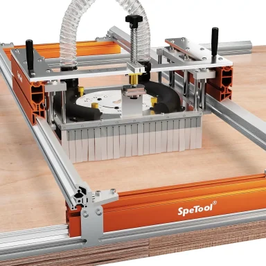 SpeTool S03003 slab flattening system mounted over a woodworking surface.