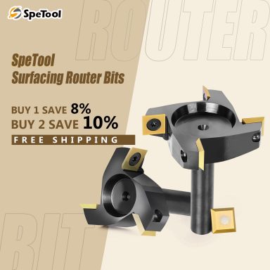 SpeTool surfacing router bits and promotional product graphic.