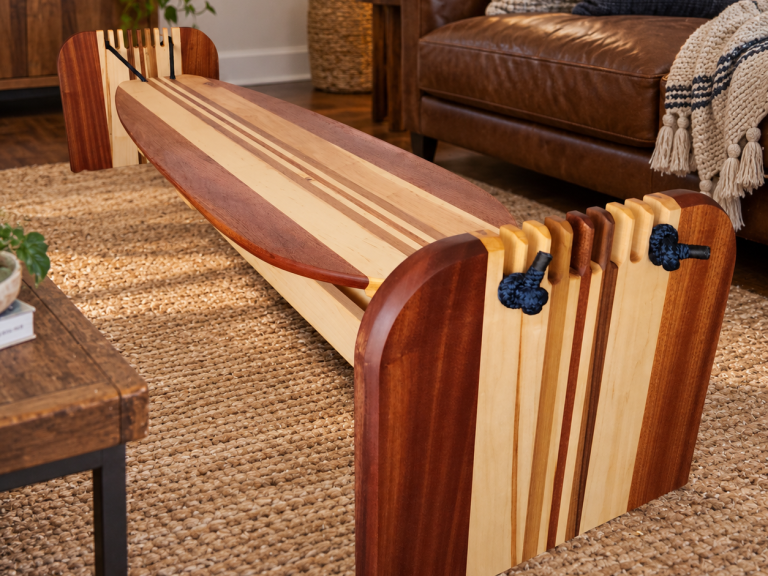 Fabricated solid wood long board style surf board training aid.