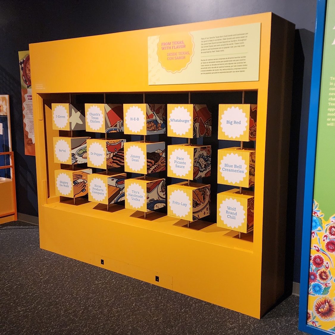 Yellow freestanding exhibit panel with rows of illustrated rotating cubes.
