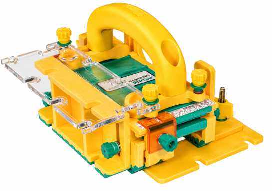 MICROJIG GRR-RIPPER 300 push block with yellow handles and green grip pads.