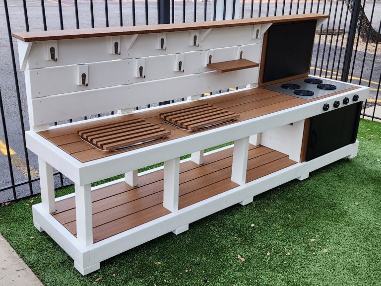 White with brown countertop outdoor polylumber mud kitchen for play area