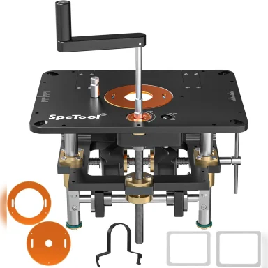 SpeTool P01002 router lift mounted beneath a router table plate.