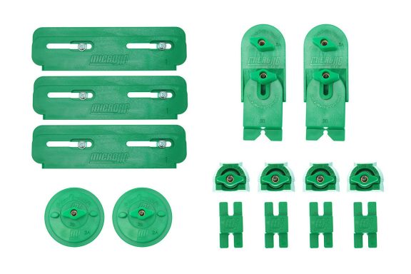 MICROJIG MATCHFIT CNC workholding components arranged as a product kit.