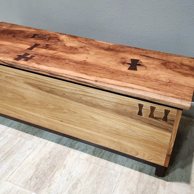 Custom hardwood bench with hand-cut joinery